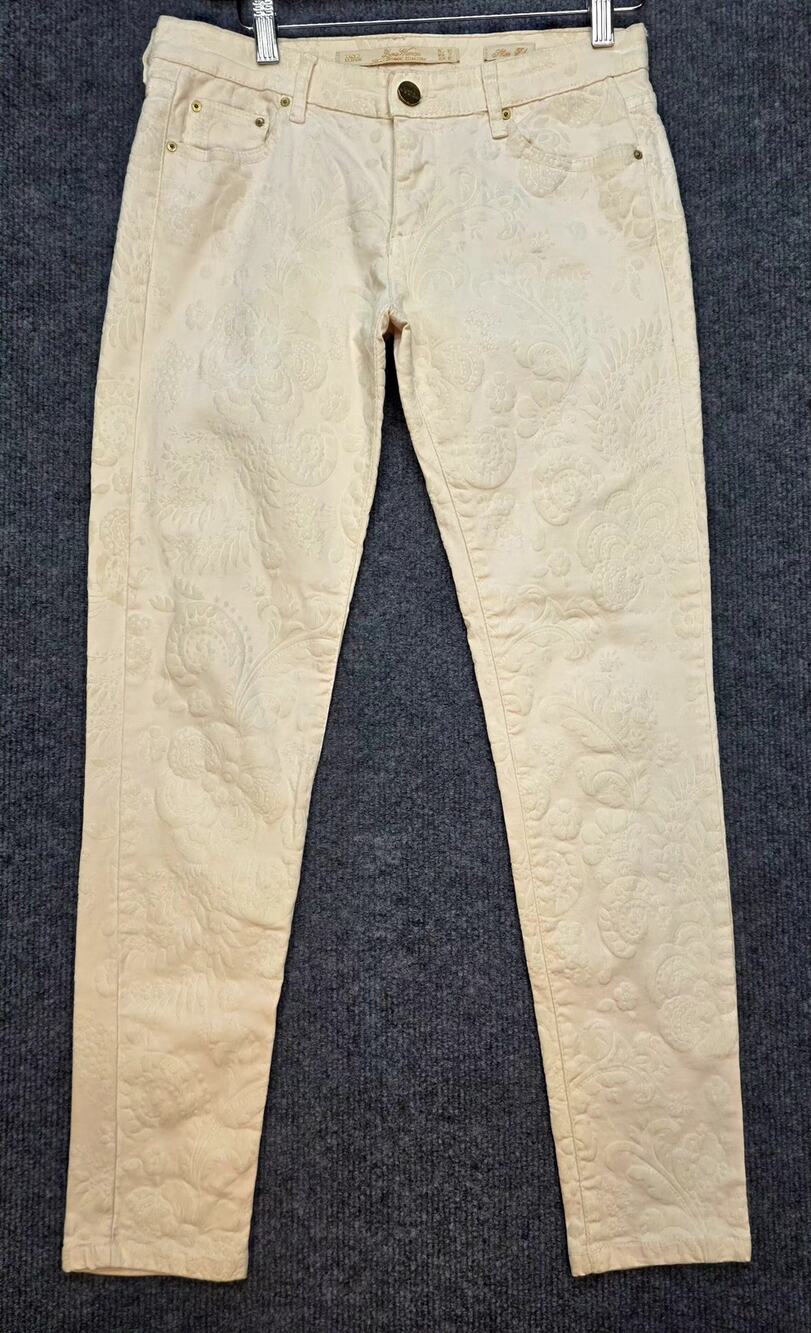 Zara Woman Premium Denimwear Embossed Paisley Slim Fit Jeans Ivory Sz 6 Y2K VTG